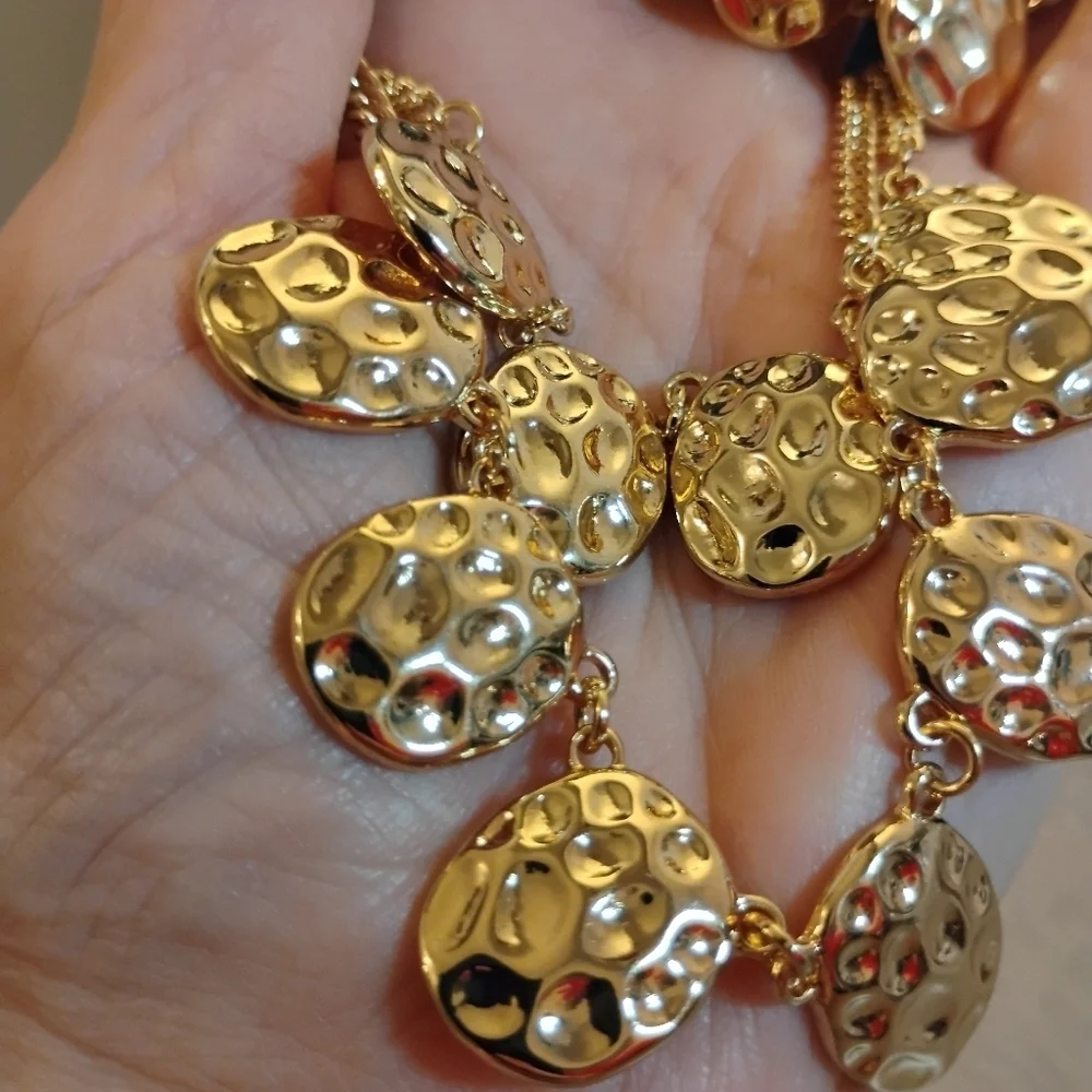Bold elements Gold Tone Hammered Pendant Layered Necklace & Earrings‎